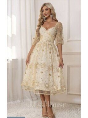 JJs House womens Gold Sequin Tulle Midi Dress  Puff Sleeves Size XL formal New